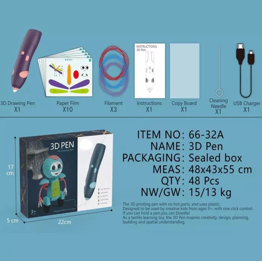 Fun & safe 3D printing pen for kids and beginners. USB powered with 3 PLA colors. Great for DIY projects, art, STEM learning & unique gifts.